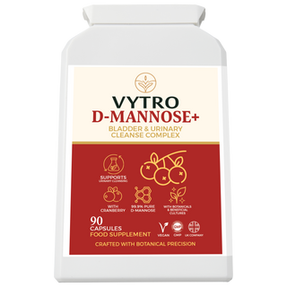 VYTRO D-MANNOSE+ bladder and urinary cleanse complex with cranberry extract, probiotics, zinc and cinnamon — supports urinary tract health and natural cleansing — 90 vegan capsules made in the UK.