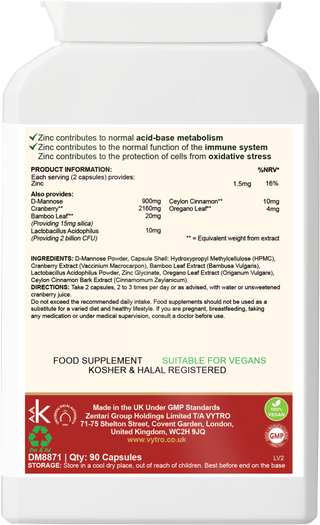 Back label of VYTRO D-MANNOSE+ showing ingredients including cranberry, Ceylon cinnamon, bamboo extract, oregano leaf and Lactobacillus acidophilus — formulated for urinary and immune system support.