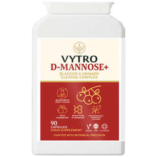 Front view of VYTRO D-MANNOSE+ — advanced bladder and urinary tract health supplement with cranberry, probiotics and 99.9% pure D-Mannose for natural cleansing and protection.