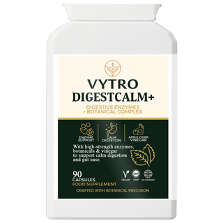 VYTRO DIGESTCALM+ Digestive Enzyme and Botanical Complex – vegan supplement with apple cider vinegar, turmeric, and herbal extracts to support calm digestion and gut balance.