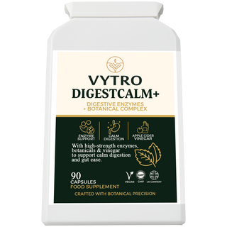 VYTRO DIGESTCALM+ digestive enzyme and botanical supplement – supports calm digestion and gut ease with turmeric, chamomile, and apple cider vinegar – vegan capsules made in the UK