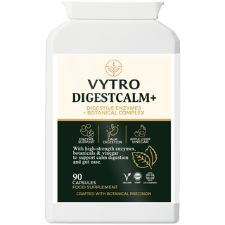 Front label of VYTRO DIGESTCALM+ digestive support capsules featuring high-strength enzymes and botanicals for digestive balance, gut comfort, and enzyme support – vegan and GMP certified