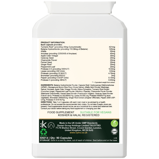 Back label of VYTRO DIGESTCALM+ showing full ingredient list – turmeric, ginger, chamomile, peppermint, bromelain, papain and betaine HCL for natural digestive ease.