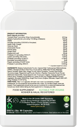 Back label of VYTRO DIGESTCALM+ enzyme complex supplement showing turmeric, betaine HCl, ginger, fennel, protease, lipase, and bromelain – halal and kosher registered, vegan capsules made in the UK
