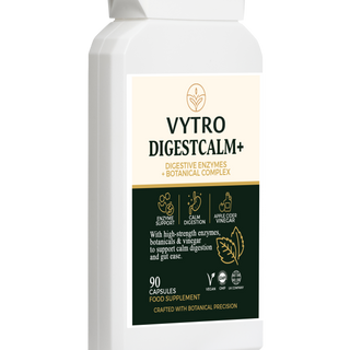 Side-angle image of VYTRO DIGESTCALM+ Digestive Enzyme & Botanical Complex – vegan digestive support with apple cider vinegar, ginger, turmeric, and chamomile for gut comfort.