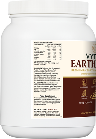 Back label of VYTRO EarthLean+ showing nutritional values per serving and ingredients including brown rice protein, chicory root fibre, cocoa, green tea extract and guarana – low sugar, high protein vegan shake.