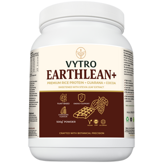 VYTRO EarthLean+ premium rice protein powder front label featuring guarana, cocoa, and stevia leaf extract – 500 g plant-based chocolate protein for energy and lean nutrition made in the UK.