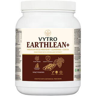 Front-angled view of VYTRO EarthLean+ rice protein powder showing plant-based formula with guarana and cocoa for energy support and muscle recovery – sweetened naturally with stevia.