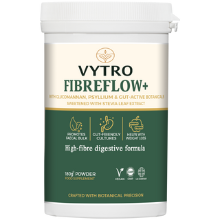 Front label of VYTRO FIBREFLOW+ dietary fibre powder with stevia leaf extract – promotes faecal bulk, supports healthy gut flora and aids weight control – crafted with botanical precision
