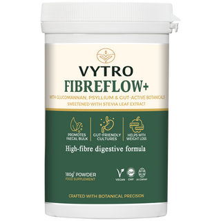 VYTRO FIBREFLOW+ High-Fibre Digestive Formula – with Glucomannan, Psyllium, and gut-active botanicals to support bowel regularity, gut balance, and natural weight management.
