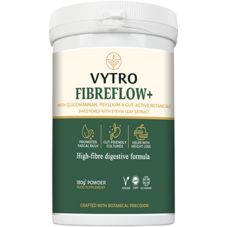 VYTRO FIBREFLOW+ high-fibre digestive supplement with glucomannan, psyllium and gut-active botanicals – supports digestion, gut health and weight management – vegan powder made in the UK