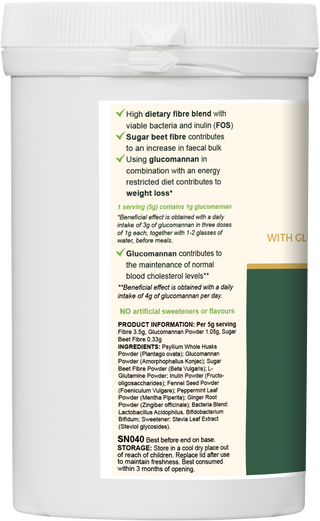 VYTRO FIBREFLOW+ ingredients label listing glucomannan, psyllium husk, sugar beet fibre and probiotics – helps increase faecal bulk, lower cholesterol and support healthy digestion naturally