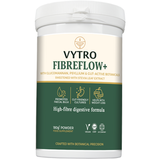 Angled front view of VYTRO FIBREFLOW+ – vegan fibre supplement containing Glucomannan, Psyllium, and Stevia for digestive comfort, healthy gut flora, and weight control.