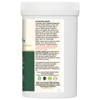 VYTRO FIBREFLOW+ label showing suggested usage and allergy advice – Halal and Kosher certified fibre powder with psyllium, stevia, and botanical extracts for gut regularity.