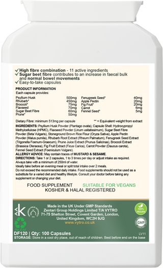 Back label of VYTRO FibreLean+ showing ingredients including psyllium husk, rhubarb, flaxseed, fennel seed, apple pectin and prune – high-fibre blend for bowel regularity and gut health.