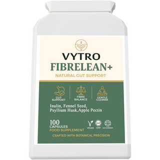 VYTRO FibreLean+ natural gut support supplement with psyllium husk, inulin, fennel seed and apple pectin – supports digestion, fibre balance and gentle cleanse – 100 vegan capsules made in the UK.