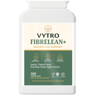 Front-facing VYTRO FibreLean+ vegan supplement for gut support, fibre balance and detox cleanse – crafted with botanical precision in the UK.