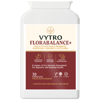 Front-facing VYTRO Florabalance+ probiotic bottle highlighting digestive support, immune defense, and healthy microbiome benefits – crafted with botanical precision in the UK.