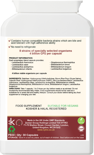Back of VYTRO Florabalance+ probiotic supplement showing 8 strains of live bacteria providing 4 billion CFU per capsule including Lactobacillus and Bifidobacterium species – vegan, halal, and kosher registered.
