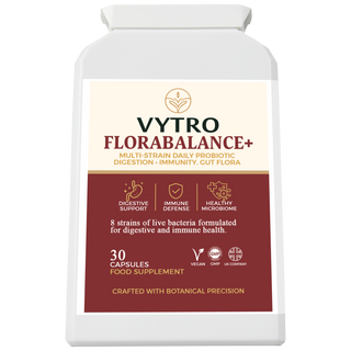 VYTRO Florabalance+ probiotic supplement bottle front label showing multi-strain daily probiotic for digestion, immunity, and gut flora balance – 30 vegan capsules made in the UK.