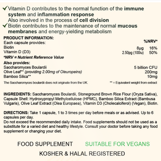 Back label of VYTRO GUT IMMUNE+ showing ingredients including Saccharomyces boulardii, olive leaf extract, bamboo silica, biotin, and vegan vitamin D3 with dosage directions.