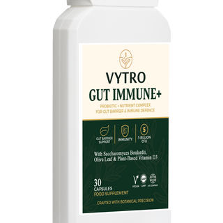 Angled pack of VYTRO GUT IMMUNE+ – crafted with probiotic cultures, Saccharomyces boulardii, and botanicals for gut barrier integrity and immune resilience.