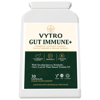 VYTRO GUT IMMUNE+ – probiotic and nutrient complex with Saccharomyces boulardii, olive leaf extract, and plant-based vitamin D3 for gut barrier and immune support.