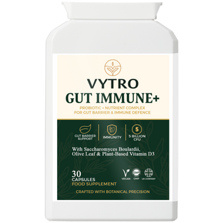 Front view of VYTRO GUT IMMUNE+ – vegan probiotic complex providing 5 billion CFU with olive leaf and vitamin D3 to help support gut health and immune defence.