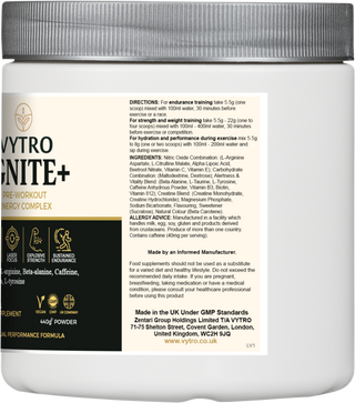 VYTRO IGNITE+ pre-workout usage instructions and full ingredient profile including caffeine, beta-alanine, beetroot nitrate, and creatine — vegan and GMP-certified.