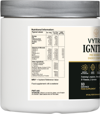 Nutritional label of VYTRO IGNITE+ showing amino acids and vitamins: L-arginine, beta-alanine, L-tyrosine, biotin, vitamin C, magnesium, and caffeine anhydrous for athletic performance.