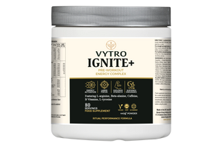 Front view of VYTRO IGNITE+ — pre-workout supplement for explosive energy, laser focus, and sustained endurance with natural active ingredients.