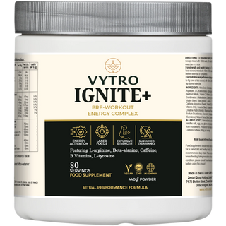 VYTRO IGNITE+ pre-workout energy complex — advanced formula with L-arginine, beta-alanine, caffeine, and B-vitamins to boost focus, strength, and endurance — 440g vegan powder made in the UK.