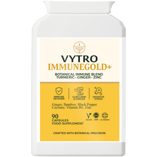 VYTRO IMMUNEGOLD+ botanical immune support supplement with turmeric, ginger, bamboo, cayenne & zinc — supports immune defence, oxidative stress protection and energy balance — 90 vegan capsules made in the UK.