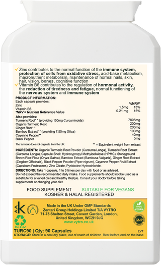 Back label of VYTRO IMMUNEGOLD+ showing ingredients including organic turmeric root, ginger, bamboo extract, vitamin B6 and zinc — formulated to support immune function and reduce tiredness and fatigue.