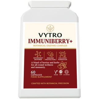 VYTRO ImmuniBerry+ botanical-enzyme complex with acerola cherry, blackberry, elderberry and vitamin C for immune protection, antioxidant defence and collagen formation – 60 vegan capsules made in the UK.
