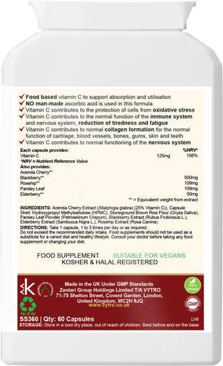 Back label of VYTRO ImmuniBerry+ showing ingredients including acerola cherry, blackberry, rosehip, parsley leaf and elderberry – natural vitamin C complex for oxidative stress protection and immune health.