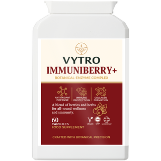 Front-facing VYTRO ImmuniBerry+ immune support and antioxidant supplement with natural vitamin C and berry extracts – crafted with botanical precision and GMP certified in the UK.