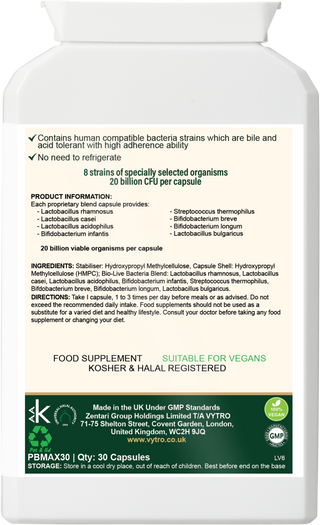 Back label of VYTRO Interncalm+ showing 8 probiotic strains including Lactobacillus and Bifidobacterium species – 20 billion CFU per capsule with aloe vera and grapefruit seed – gut and immune support formula.