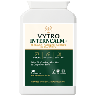 Front-facing VYTRO Interncalm+ probiotic supplement with bio-strains and botanical extracts – crafted to aid digestion, reduce bloating, and support gut flora – vegan and GMP certified.
