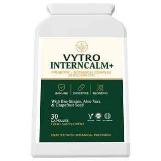 VYTRO Interncalm+ probiotic and botanical complex with 20 billion CFU, aloe vera, and grapefruit seed – supports digestive balance, bloating relief, and immune health – 30 vegan capsules made in the UK.