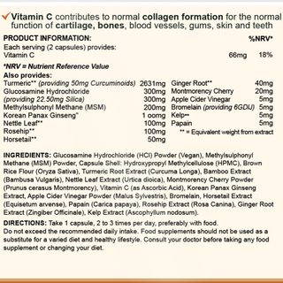 Back label of VYTRO KINETIGEN+ showing ingredients including MSM, Glucosamine Hydrochloride, Turmeric, Korean Panax Ginseng, Vitamin C and botanical extracts for collagen and joint health.