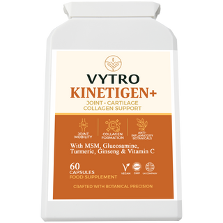 VYTRO KINETIGEN+ Joint, Cartilage & Collagen Support – formulated with MSM, Glucosamine, Turmeric, Ginseng and Vitamin C to support joint mobility, collagen formation and anti-inflammatory defence.