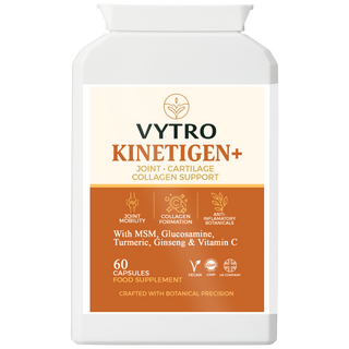 Front view of VYTRO KINETIGEN+ – advanced botanical joint support complex featuring MSM, Glucosamine, Turmeric, Ginseng and Vitamin C for cartilage health and flexibility.