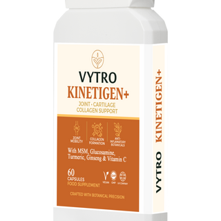 Angled view of VYTRO KINETIGEN+ – vegan joint support capsules designed for cartilage strength, collagen maintenance and mobility with anti-inflammatory botanicals.
