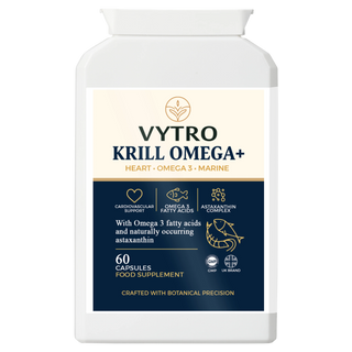VYTRO Krill Omega+ supplement front label – Omega-3 fatty acids with astaxanthin for heart and cardiovascular support, 60 capsules made in the UK.