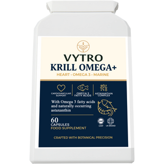 Front-facing VYTRO Krill Omega+ marine omega-3 supplement showing cardiovascular and antioxidant support icons – premium krill oil with natural astaxanthin.