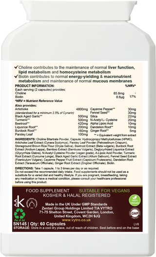 Back label of VYTRO LIVCLEANSE+ showing ingredients: artichoke, turmeric, choline, biotin, beetroot, ginger, dandelion and alpha lipoic acid — supports normal liver function and lipid metabolism.