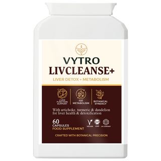 VYTRO LIVCLEANSE+ liver detox and metabolism support supplement — crafted with artichoke, turmeric, dandelion and choline for liver health, fat metabolism and natural detox — 60 vegan capsules made in the UK.