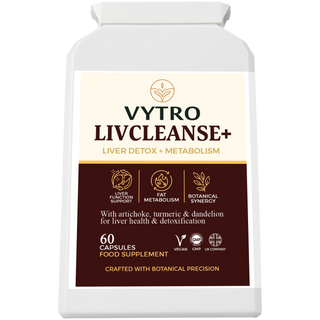 Front view of VYTRO LIVCLEANSE+ — advanced botanical formula to support liver function, fat metabolism and detoxification with artichoke, turmeric and dandelion.