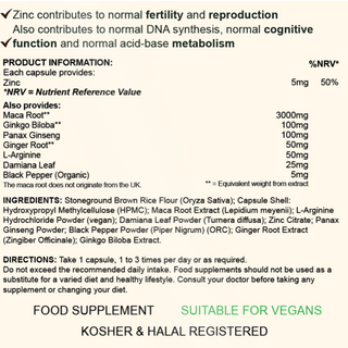 Back label of VYTRO MACAGUARD+ showing nutritional information and ingredients including maca root, L-arginine, ginkgo biloba, zinc and panax ginseng extract.